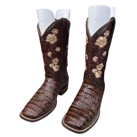 Big Bull Brown Crocadile Embroidered Floral Cowgirl Boots Size 25.5 US 8.5 - Picture 6 of 11